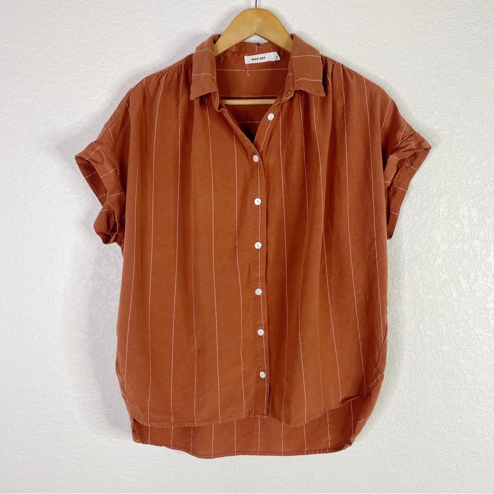 Mod Ref Orange Striped Linen Cotton Button Front … - image 1